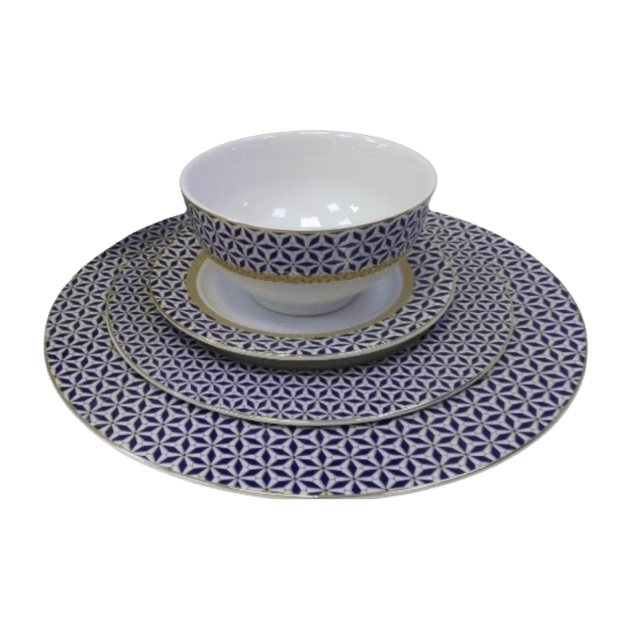 69 Service de Table Motif Géométrique Bleu & Blanc – Image 1